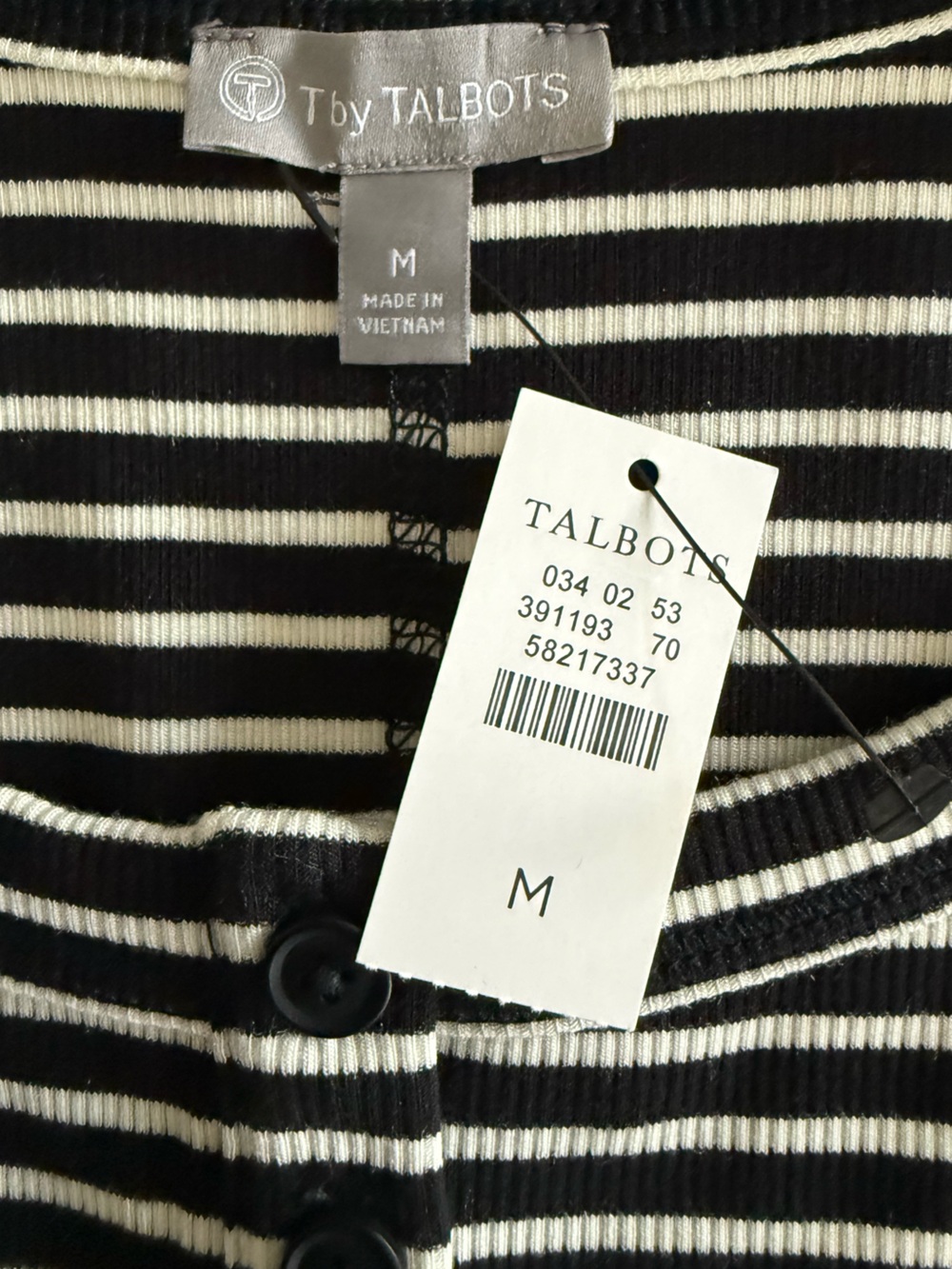 NWT T by TALBOTS Black & White Stripe Long-Sleeve Henley Top SZ M (17" P2P) - Picture 11 of 13